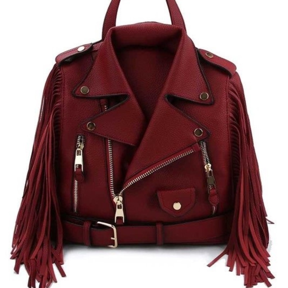 Motorcycle Jacket handbag with Fringe in Wine